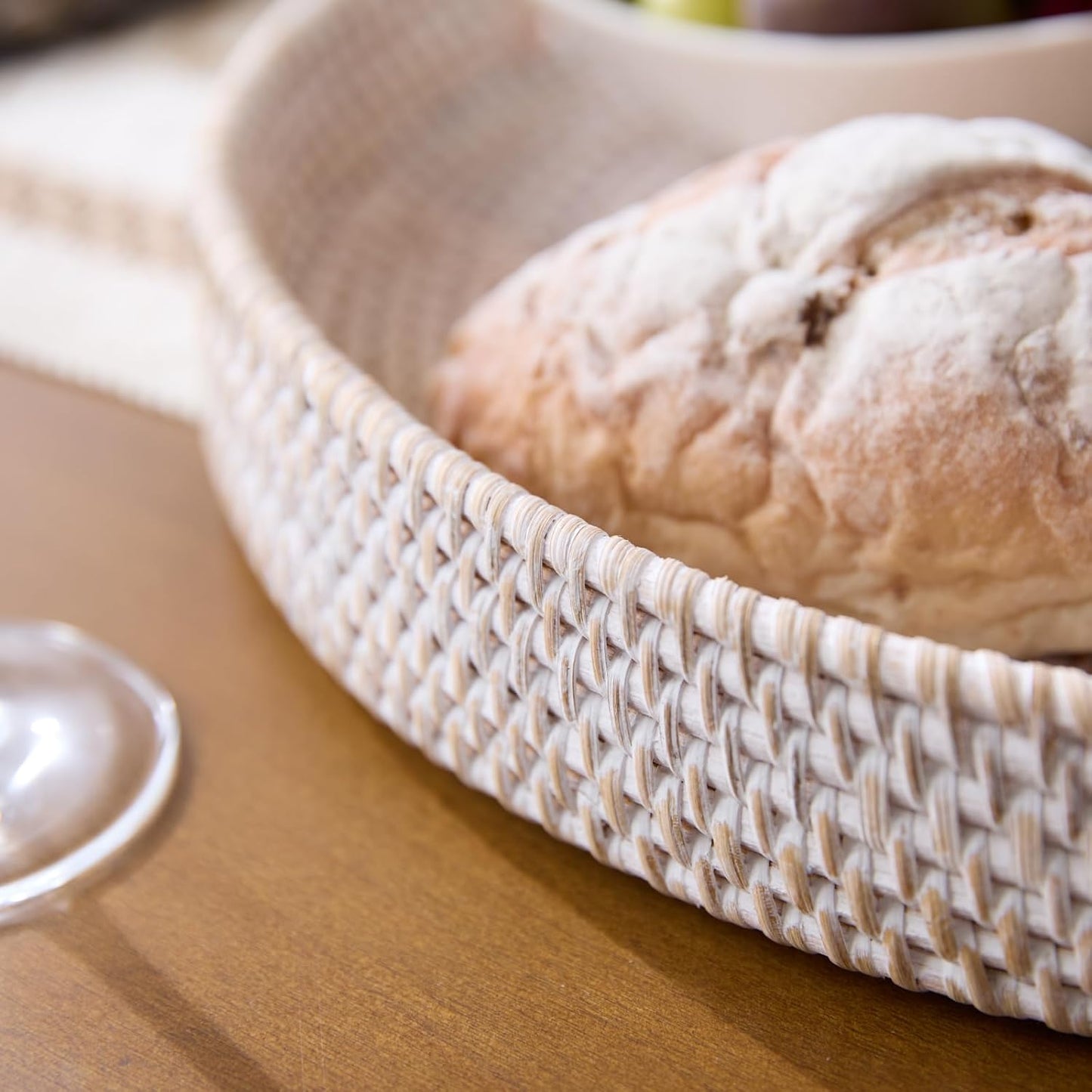 16.9 inch Round Rattan Tray, Woven Large Serving Tray with Handles, Wicker Serving Basket, Coffee Table Decor for Living Room, Whitewash