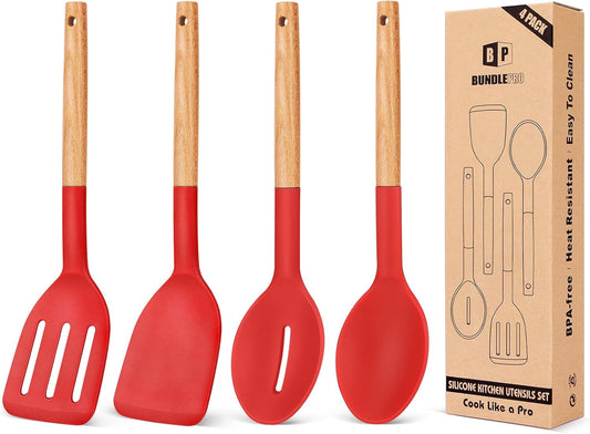 Pack of 4 Silicone Cooking Utensils Set, Non Stick Solid Spatulas and Heat Resistant Slotted Spoons with Wooden Handle, Ideal Wood Kitchen Utensils Set for Frying,Serving,Turning,Stirring (RED)