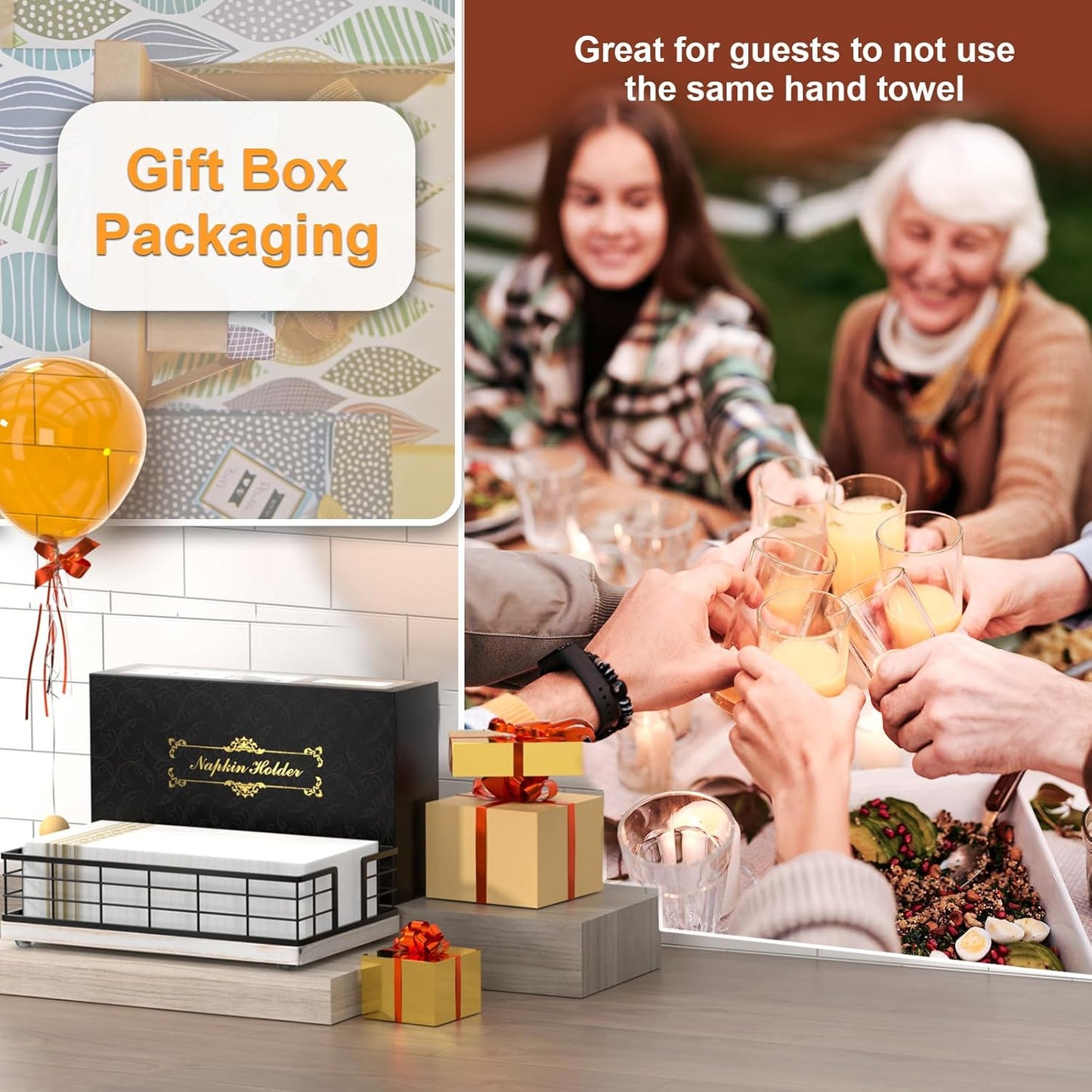 Wican Guest Towel Holder Tray for Bathroom, Oak and Iron Napkins Holder for Powder Room Dinning Table Wooden Basket for Disposable Paper Hand Towels Black and Farmhouse White