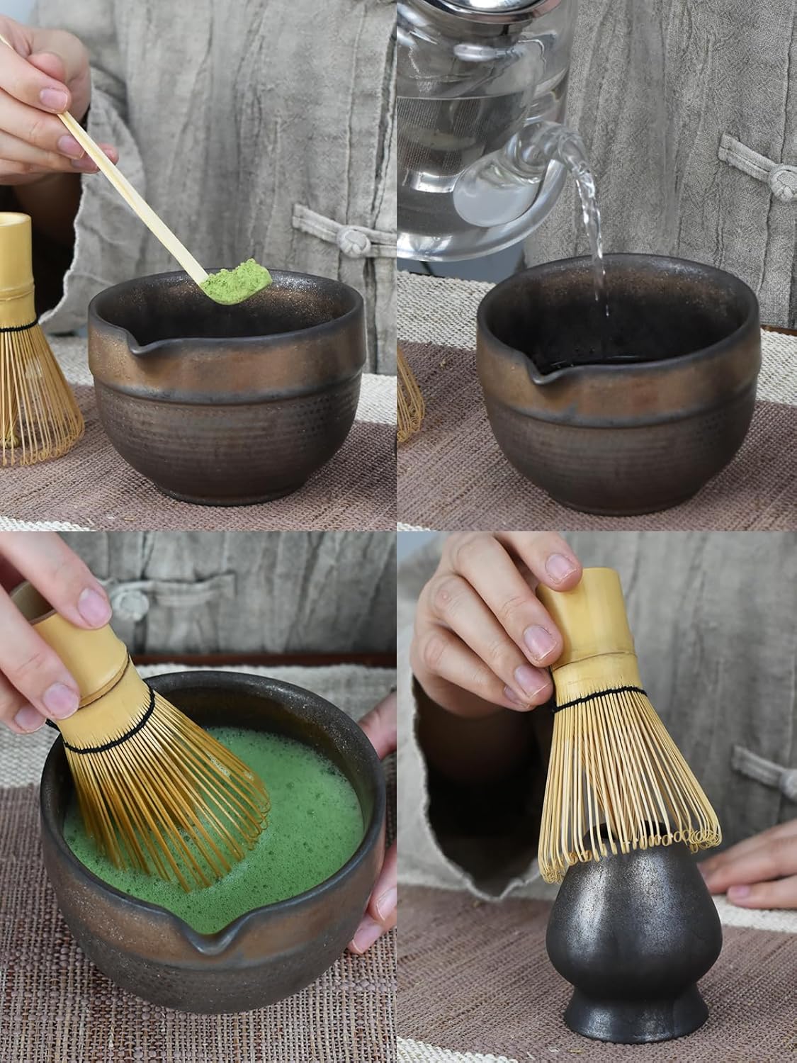 Artcome Luxury Matcha Tea Set – 4-Piece Japanese Matcha Kit with Black Rustic Glazed Bowl & Spout, Bamboo Whisk, Holder, Scoop & Manual – Handcrafted Ceramic Tea Ceremony Set