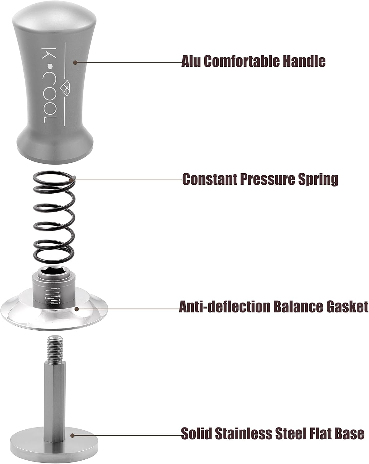 K COOL Espresso Tamper, Coffee Tamper, Premium Barista Tools Tamper with Calibrated Spring 30lb, 100% Stainless Steel Flat Base Tamper with Scale Mark for Espresso Coffee Machine (53mm, Silver)