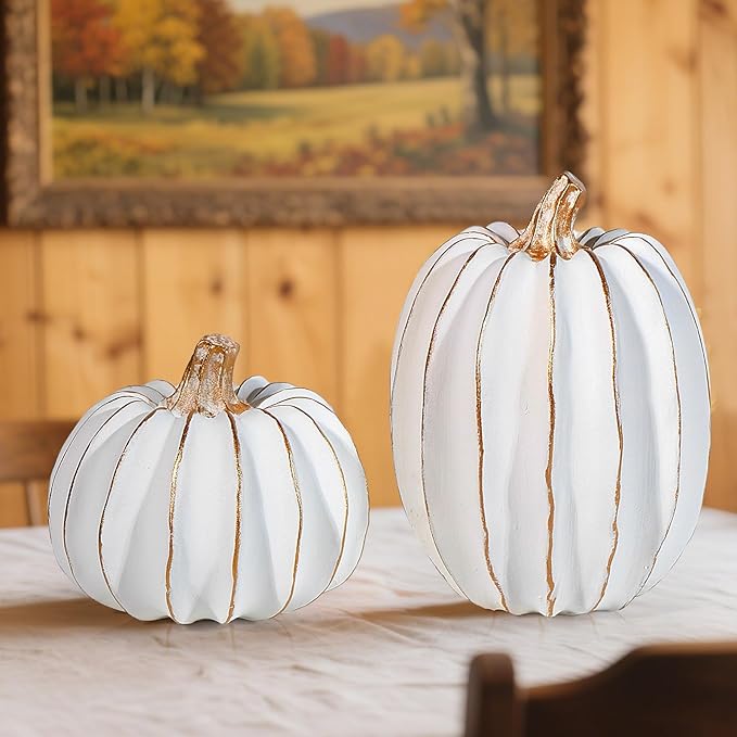 2Pcs Halloween Pumpkin Artificial Resin Pumpkins Decor for Mantel Harvest Autumn Tabletop Decoration Gold Fall Pumpkin Decorations Thanksgiving Table Centerpieces (Set C, ONE Size)