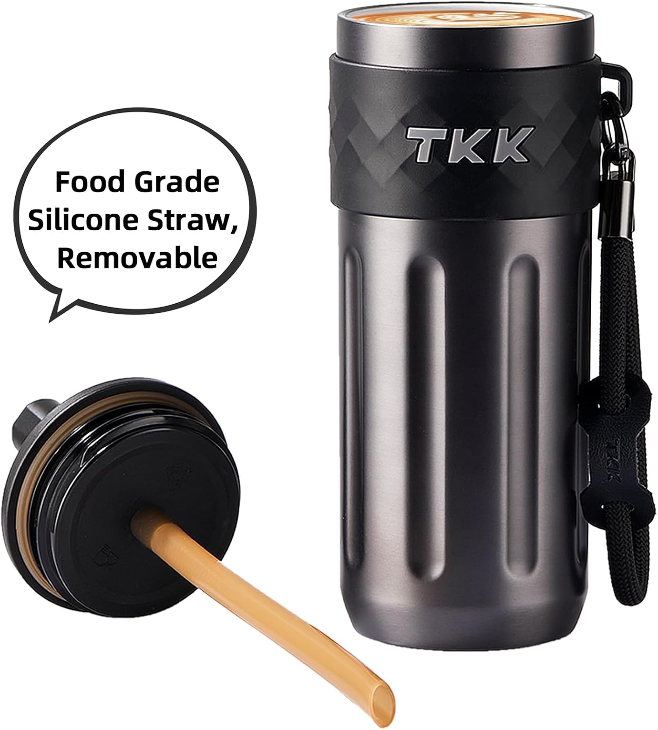 TKK 17 OZ Travel Tumbler Ceramic Lining with Straw Lid, Stainless Steel Vacuum Insulated Double Wall Coffee Tumbler, Leak Proof Iced Water Bottle with Carry Strap for Hot & Cold Drinks, Tungsten Steel