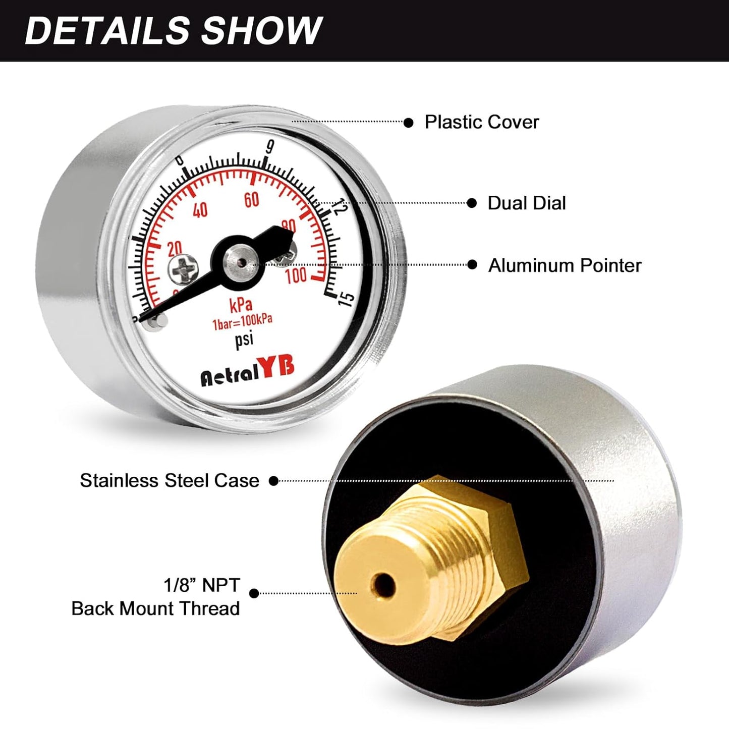 0-15 Psi Pressure Gauge, 1" Dial, 1/8 Npt Back Mount, Mini Air Gauge, 100kPa Air Pressure Gauge, Stainless Steel Case, for Water Pumps, Air Compressors Pressure Test