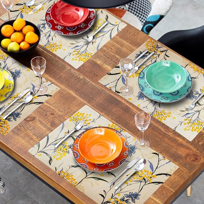 Floral Placemats Set of 4 Vintage Floral Summer Flowers Yellow Placemats for Kitchen Table Linen Placemats Washable Non-Slip Heat Resistant Place Mats for Party Kitchen Dining Decorations 18x12 Inch