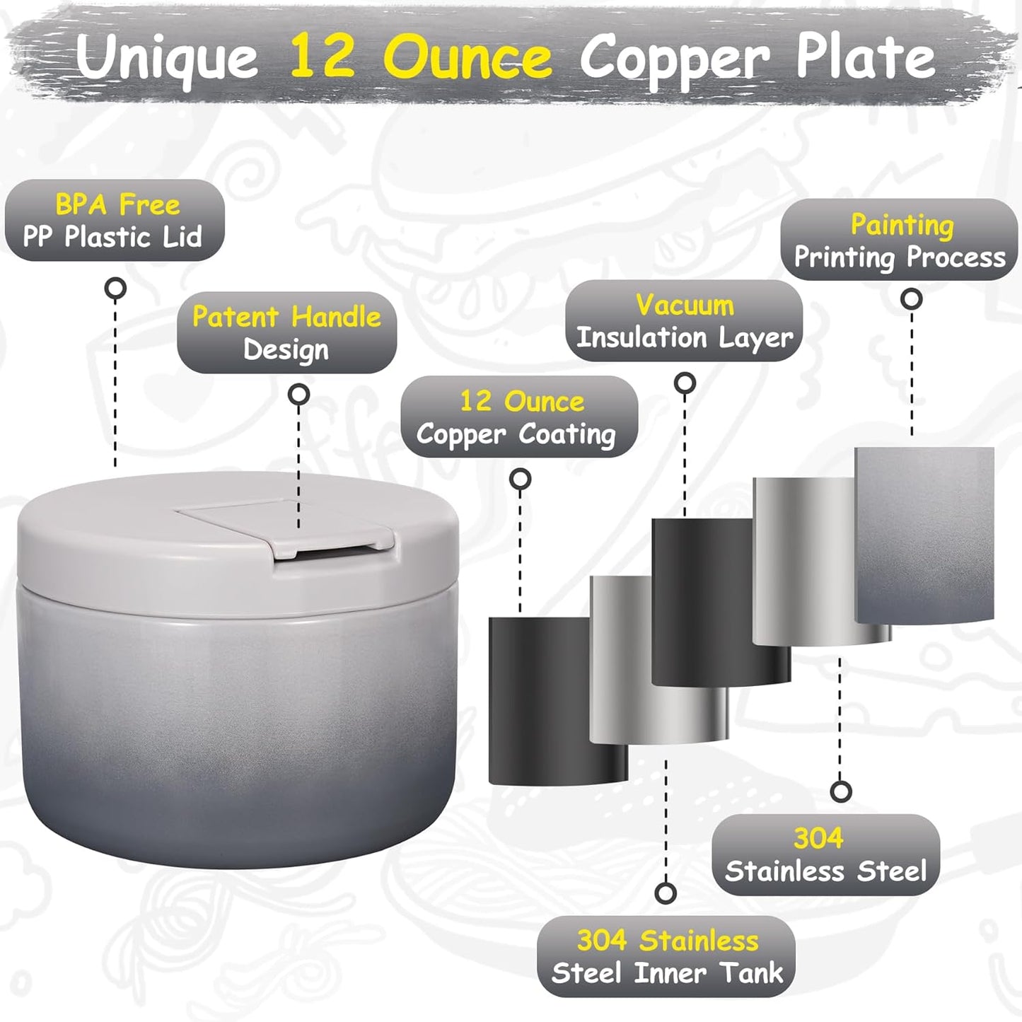 12oz Insulated Vacuum Food Jar with Buckle Lid Wide Mouth Soup Thermo for Hot Food Kids Leakproof Stainless Steel Lunch Container (Gradient Grey, 12OZ)