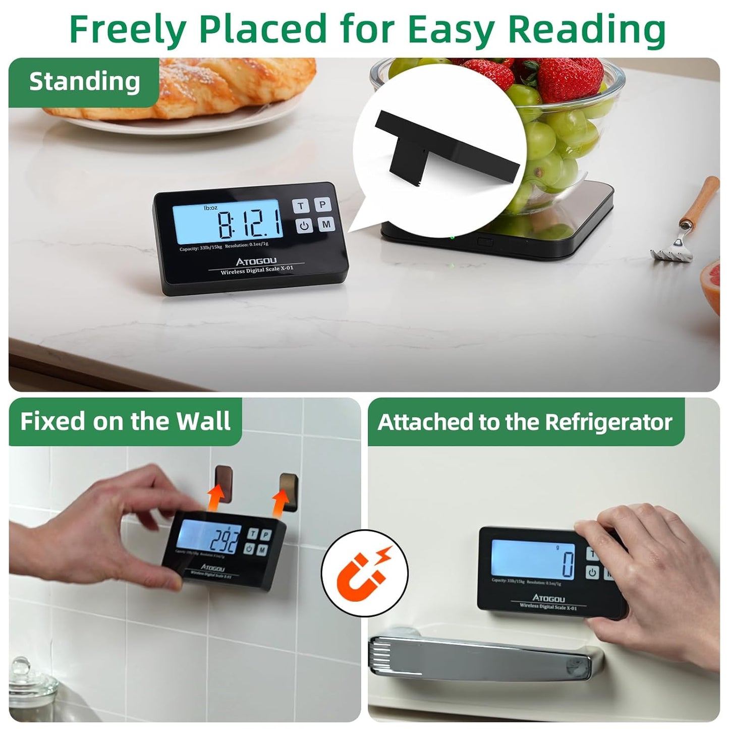 Food Scale, 33lb Wireless Kitchen Scale with Remote Display, 1g/0.1oz Precise Graduation, Food-Grade 304 Stainless Steel, Digital Food Scale for Cooking, Baking, Postage, Shipping Black&Grey