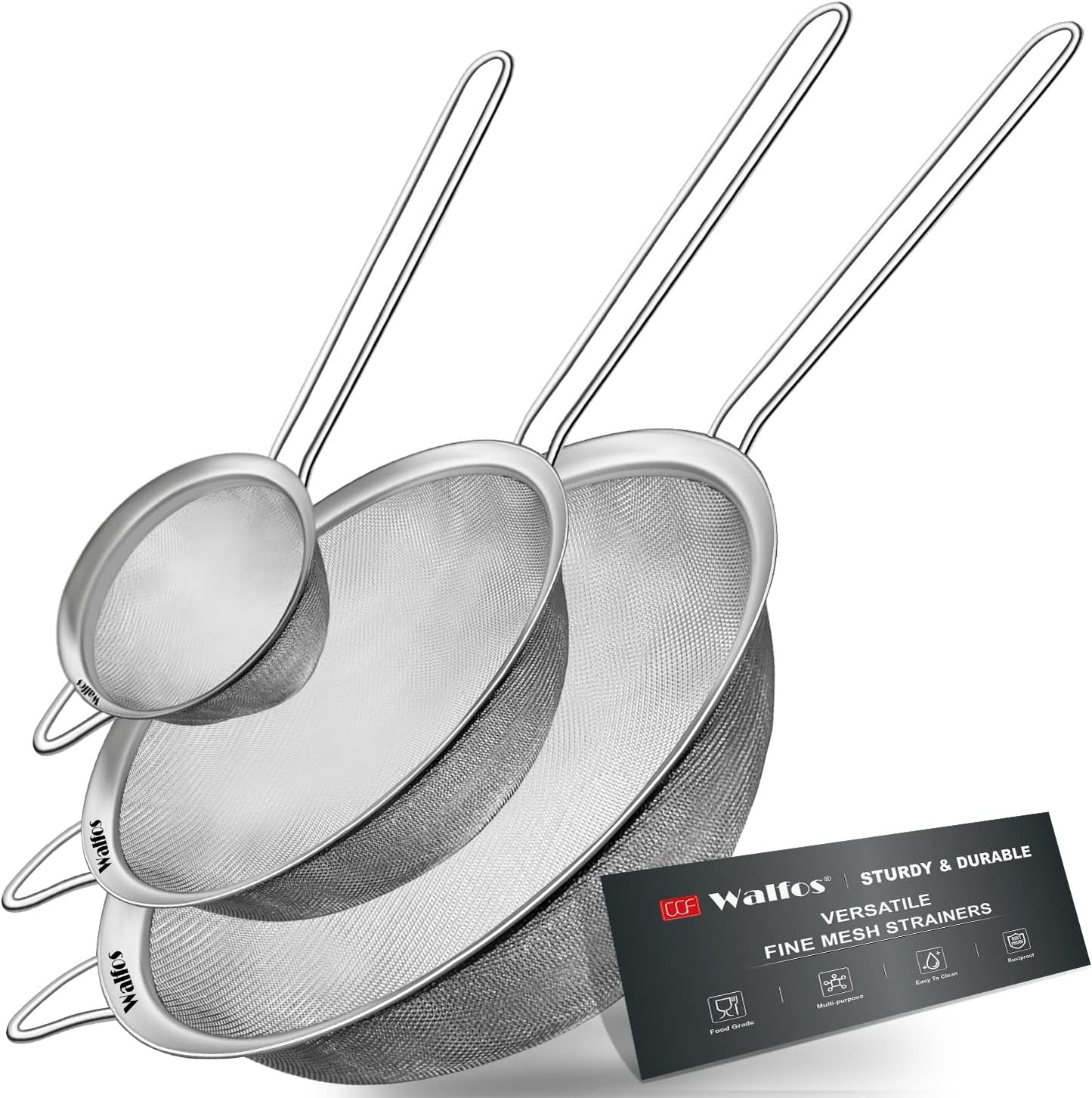 Walfos Fine Mesh Strainer Set of 3, Stainless Steel Wire Strainers for Kitchen, Multipurpose Metal Fine Sieve with Handle, Perfect for Food, Rice, Quinoa, 2.7", 4.6", 7"