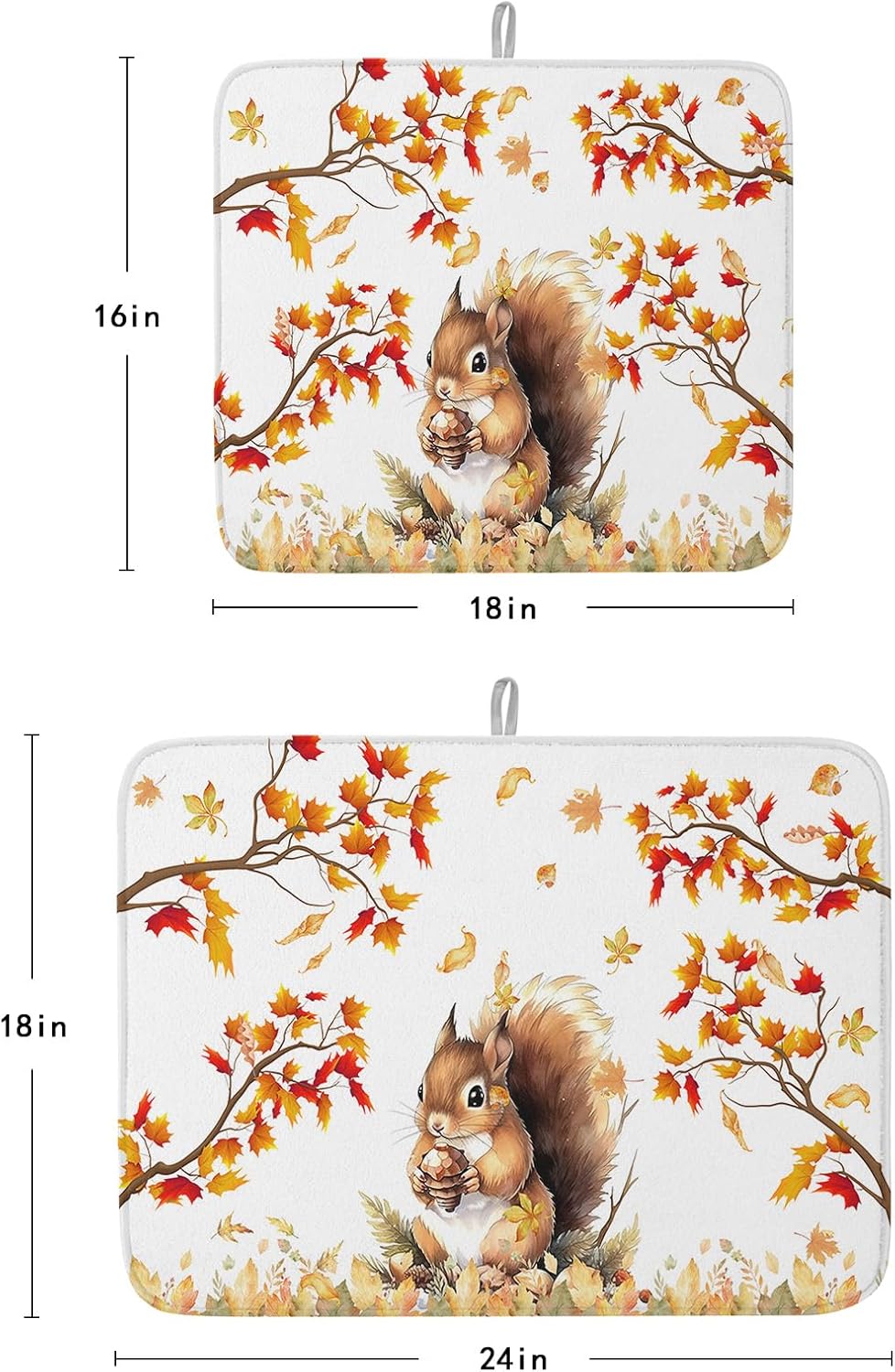 Fall Dish Drying Mat for Kitchen Counter Squirrel Drying Pad Absorbent Drying Mats for Countertops Sinks Draining Racks Pine Cone Autumn Maple Leaves Drainer Holiday Harvest Thanksgiving Decor 18x24