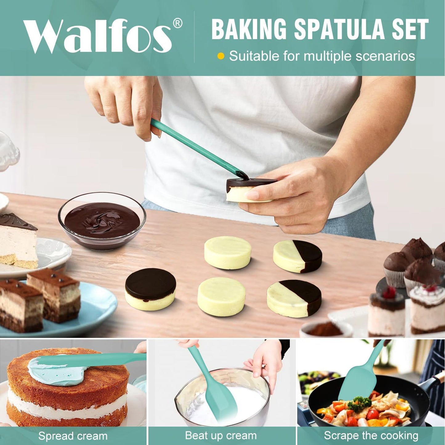 Walfos Silicone Spatula - 600°F High Heat Resistant Kitchen Spoon Spatulas（set of 5), Strong Steel Core and One-Pieces Design, For Cooking Mixing & Baking - BPA Free and Dishwasher Safe (Teal/Aqua)