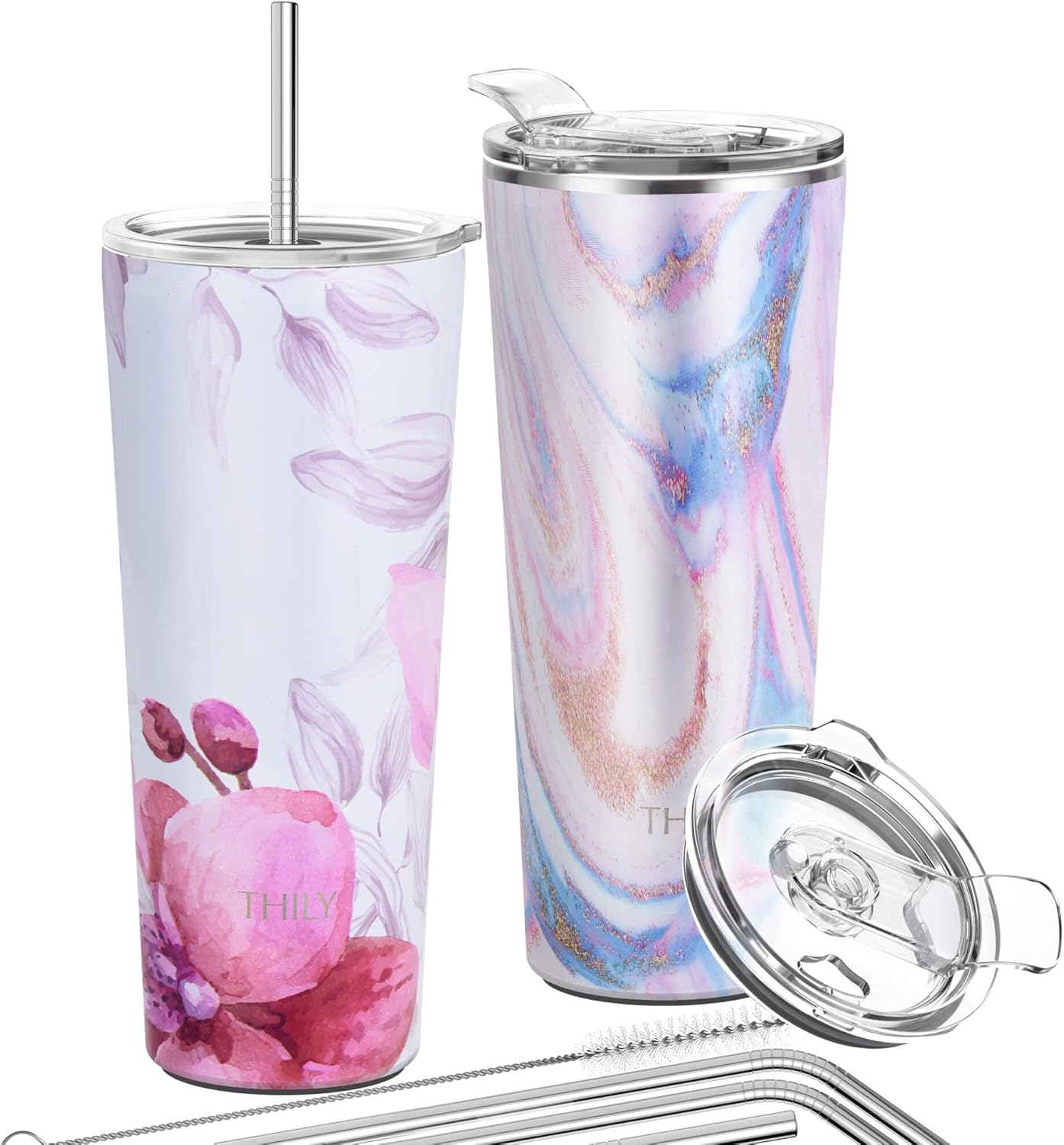 THILY Stainless Steel Vacuum Insulated Tumbler 26 oz Triple-Insulated Travel Mug with Splash-Proof Lid, for Iced Coffee and Hot Beverage, Pink Ripple + Lotus Flower