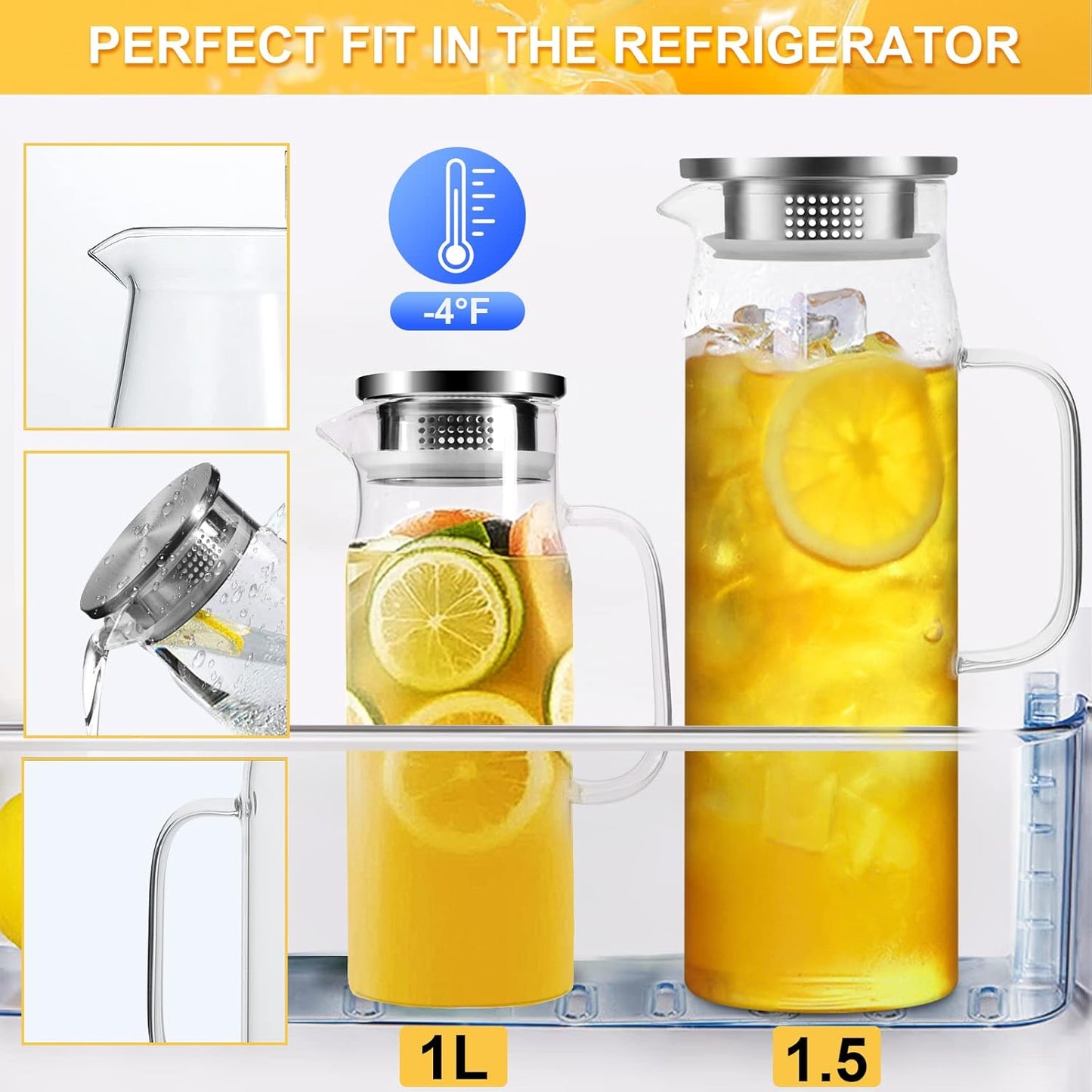 Yirilan Glass Pitcher, 1.5liter Glass Pitcher With Lid, Carafes and Pitchers, Iced Tea Pitcher, Water Carafe With Handle, Heat Resistant Borosilicate Glass Jug, Beverage Pitcher, Tea Jug With Brush