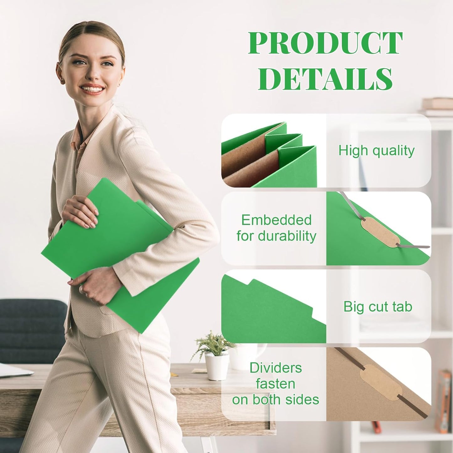 24 Pcs Classification Folders Letter Size, Back to School Supply for Teacher, Student, 2 Pocket Dividers Pressboard File Folder Bulk with 2 Fasteners, 2 in Expanding File Organizer (Green)