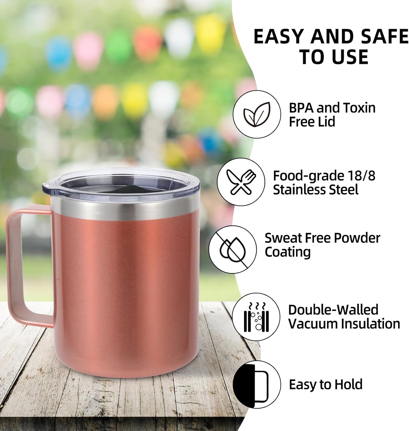 Volhoply 14oz Insulated Stainless Steel Coffee Mug with Lid Bulk 2 Pack,Double Wall Vacuum Travel Coffee Cup with Handle,Reusable Cups Tumbler,Camping Mugs Keep Hot,Ideal Gifts(Rose Gold,2)