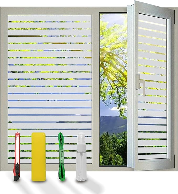 Window Privacy Film, Stripe Window, Film Static Cling, Anti UV, Heat Control, Ideal for Home Shower Office Glass Door (Stripes Pattern, 17.5X78.7Inch)