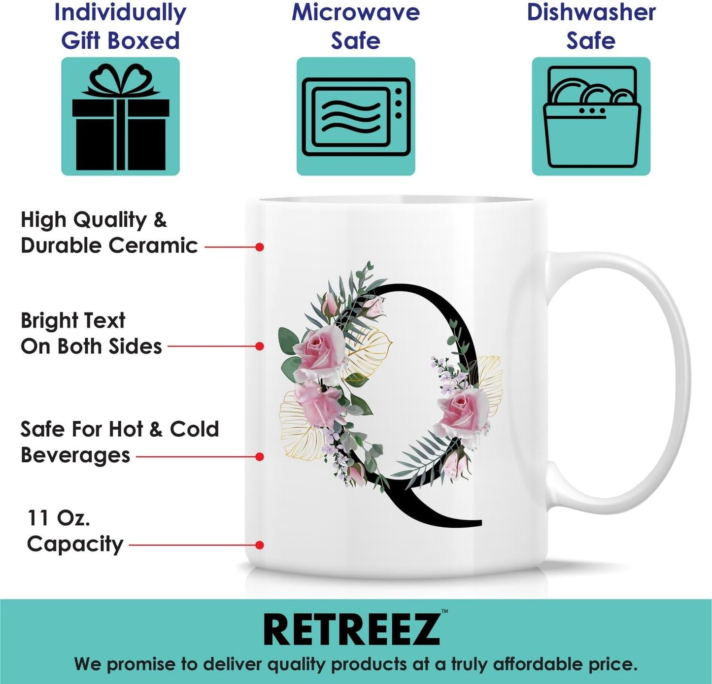 Retreez Initial A-Z Floral Botanical Bouquet Alphabet Monogrammed Monogram Mug 11 Oz Ceramic Tea Coffee Mugs - Appreciation Thank You Wedding Birthday Gifts for her friend coworker sister - Q Initial