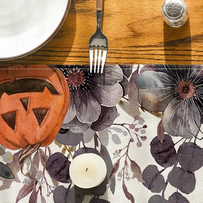 Artoid Mode Jack-O'-Lantern Pumpkin Floral Ghost Halloween Table Runner, Eucalyptus Kitchen Dining Table Decoration for Home Party Decor 13x108 Inch
