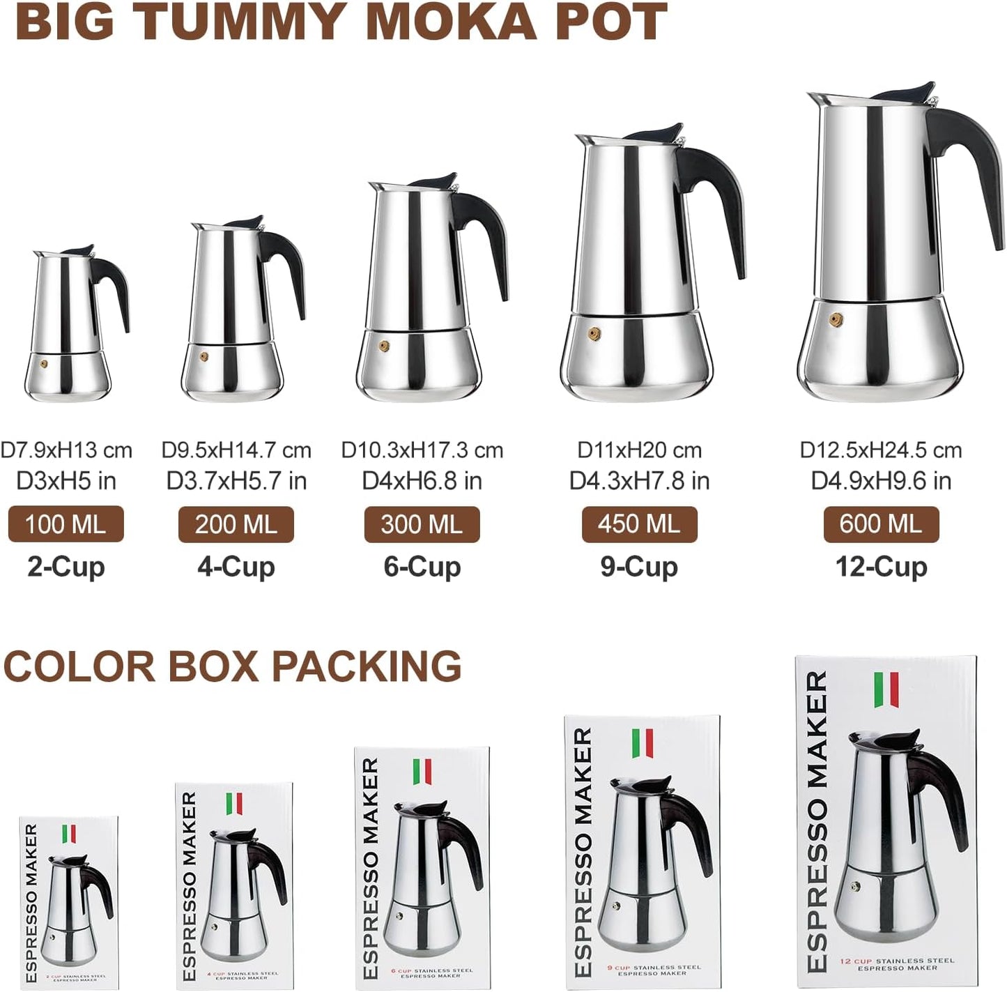 2 Cup Stovetop Espresso Maker Stainless Steel Moka Pot Stove Top Percolator Italian Coffee Makers Capable Mocha Greca Machine Cafe Classic Induction Cookers for Home and Camping 100ml 3.3oz
