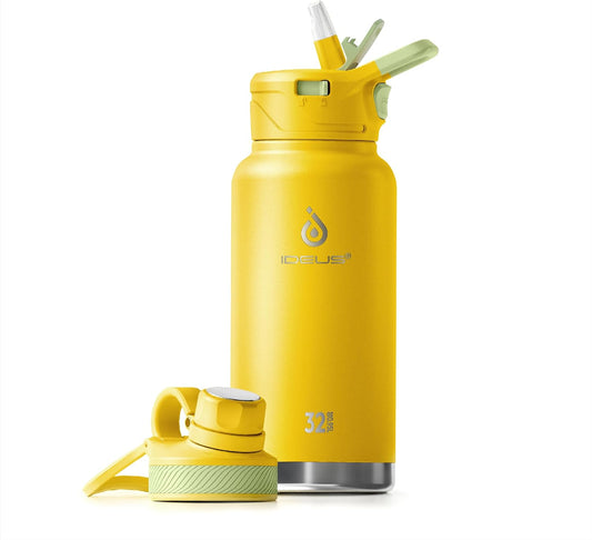 IDEUS Insulated Stainless Steel Water Bottle with 2 Leak-Proof Lids, Thermal Water Flask for Hiking Biking, 32oz, Bright Yellow