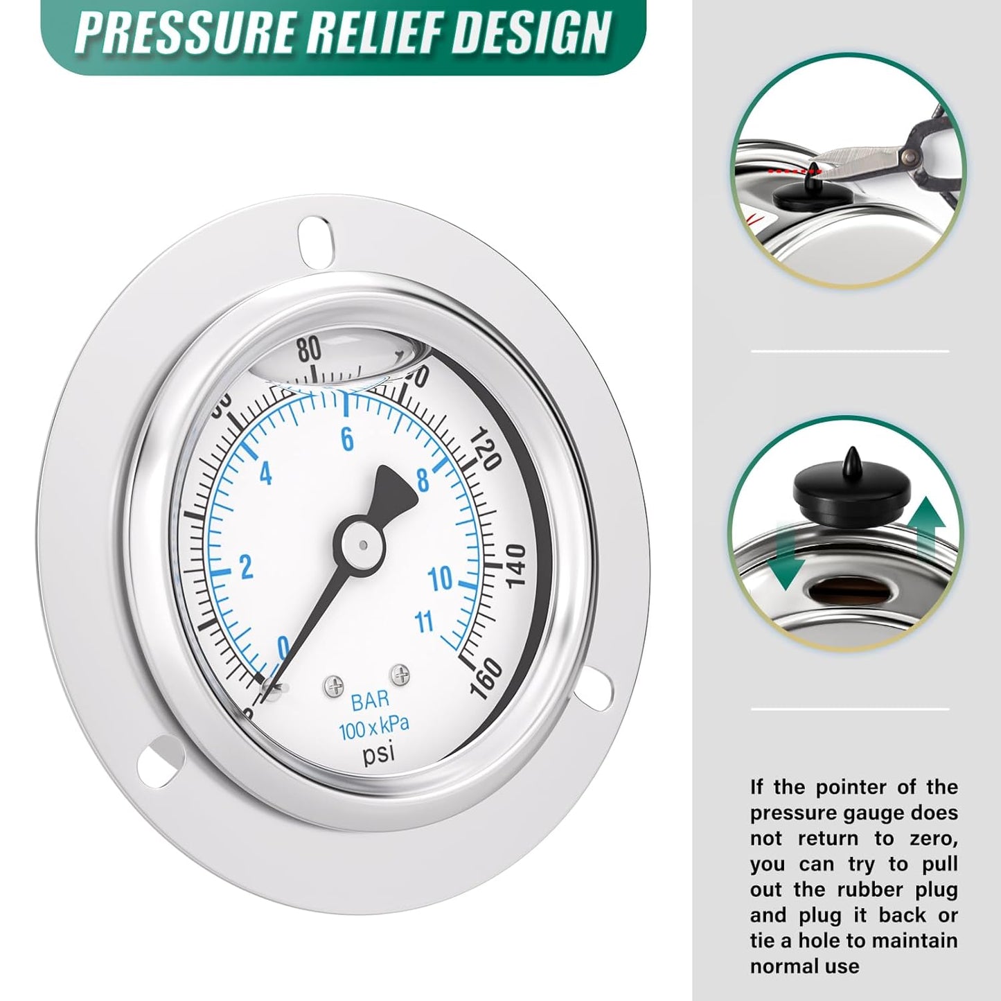 0-160PSI Panel Mount Front Flanged Glycerin Filled Pressure Gauge, 2.5" Dial Size, 1/4" MNPT Back Mount, Stainless Steel Case, with Phillips Screw and Nut, for Water, Gas, Liquid Pressure