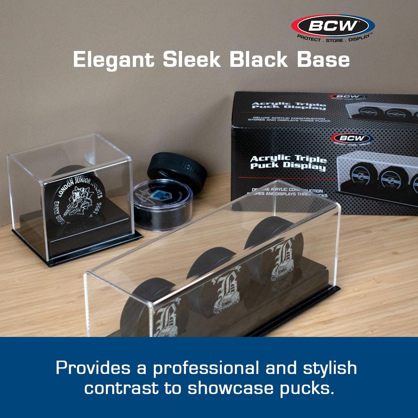 BCW Acrylic Hockey Puck Display Case - 3 Pack | Deluxe Puck Holder with Black Base & Clear Cover | Perfect for Regulation-Sized Hockey Pucks | High Clarity Acrylic