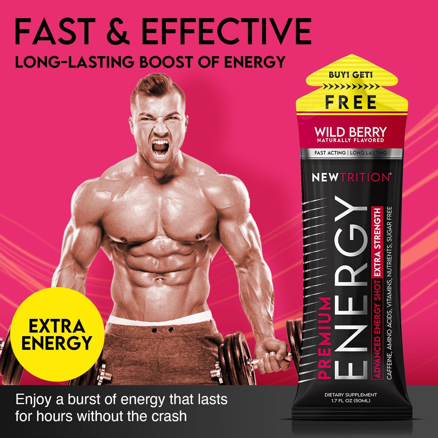 NewTrition® Extra Strength Energy Shots, 250mg Caffeine Energy Shots with Vitamin B & Amino Acids, Sugar-Free Vitamin Energy Shot, 1.7 fl oz (Pack of 6, Wild Berry)