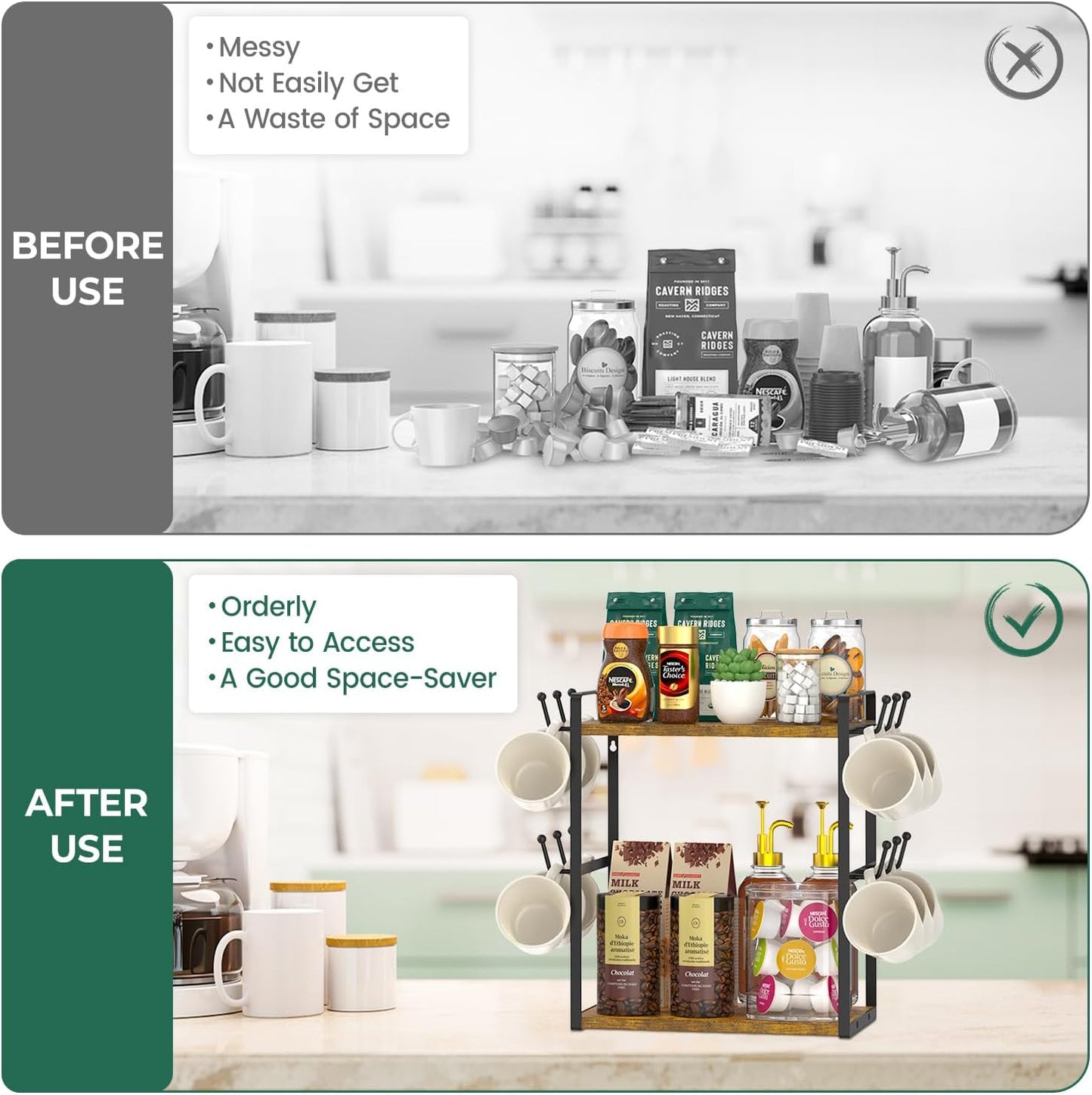 EsLuker.ly Coffee Station Bar Organizer Mug Holder Stand Countertop, 2 Tier Mug Cup Tree Rack for Kitchen Office, Storage Shelf with 12 Hooks, Creat Stylish Coffee Corner