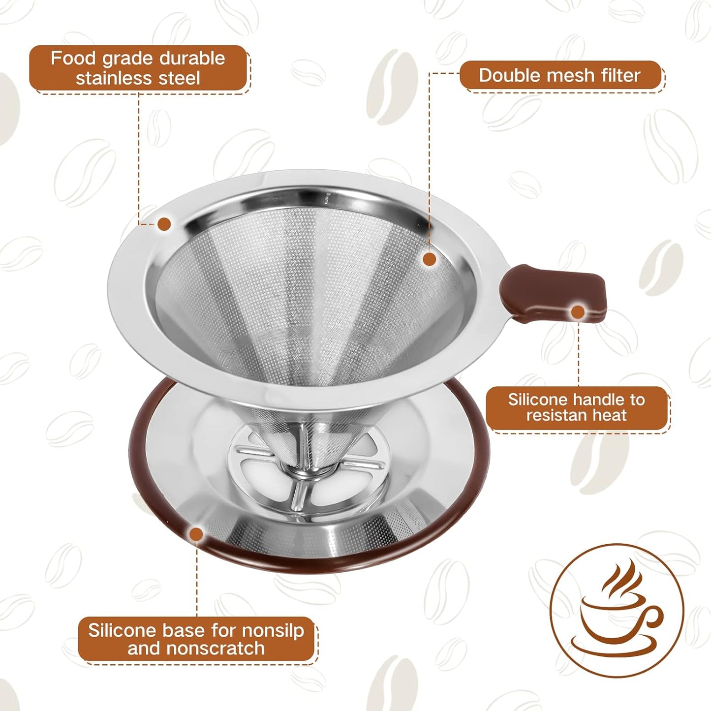 Pour Over Coffee Dripper，Reusable Stainless Steel Drip Cone Coffee Filter, Update Double Ultra Fine Micro Mesh Filter, Professional Paperless Drip Brew Coffee Cone Maker with Cup Stand,1-2 Cup