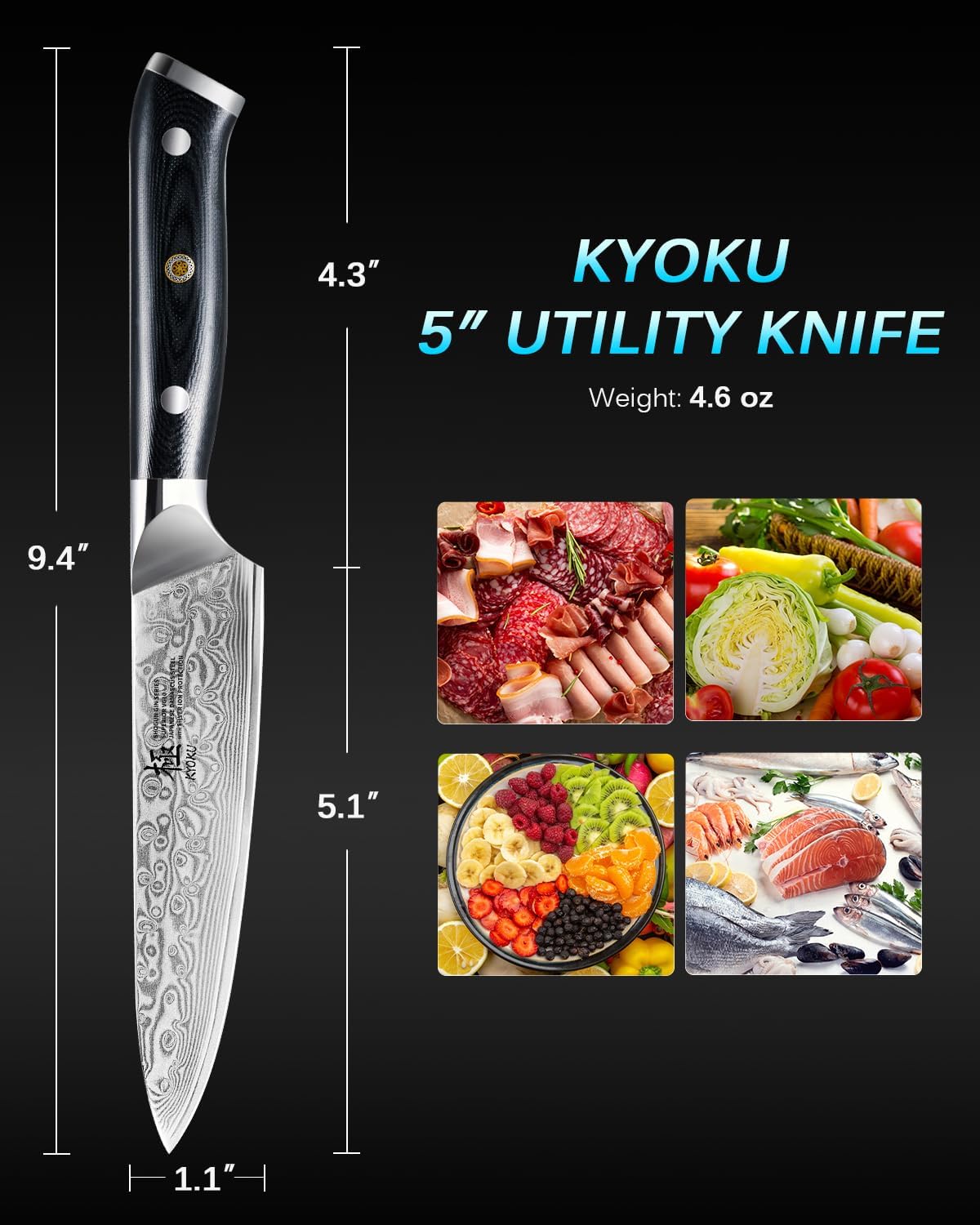 KYOKU Gin Series 5" Utility Kitchen Knife, Japanese VG10 Damascus Stainless Steel Knife with Silver Ion Blade G10 Handle Mosaic Pin, All Purpose Professional for Meat Veg and Fruit