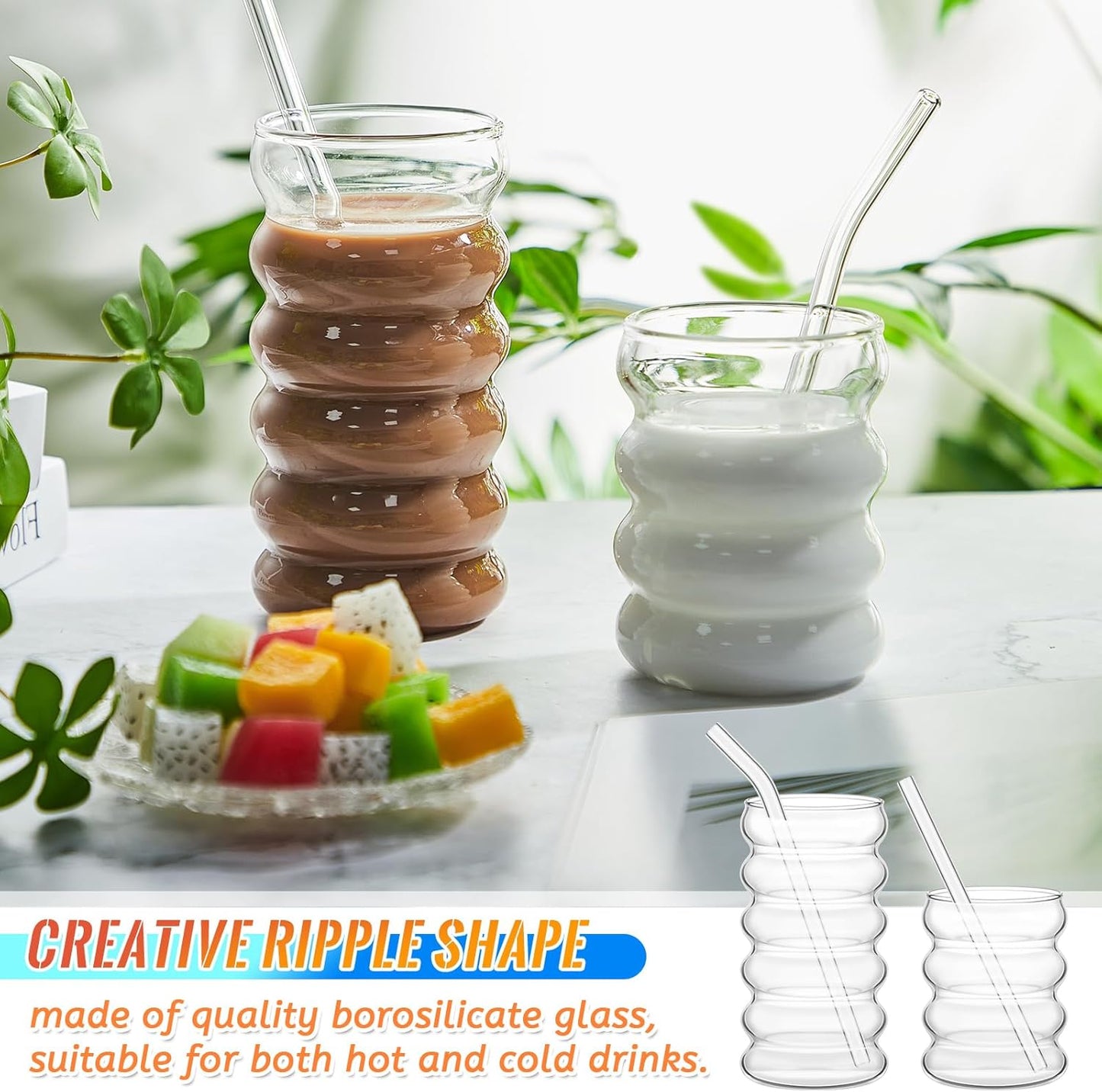 Tessco for you 4 Pcs Creative Glass Cups Vintage Drinking Glasses Ribbed Glassware Aesthetic Cup Entertainment Dinnerware Glassware with Straws Set for Kitchen Coffee Beverage(13.5 Oz, 16 oz,Clear)