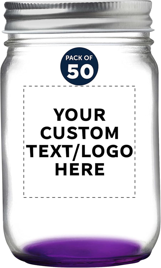 DISCOUNT PROMOS 50 Decorating Mason Jars Set, 12 oz. - Customizable Text, Logo - Canning, Aluminum Lid - Purple