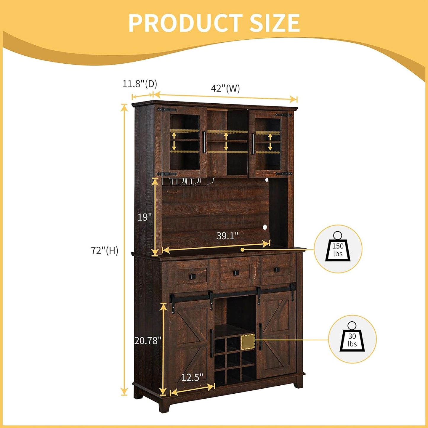 72" Coffee Bar Wine Cabinet with Sliding Barn Door & LED Lights, Sideboard Buffet Cabinet with Wine Bottle Rack, 3 Drawers, Storage Cabinets for Kitchen, Dining Room, Brown