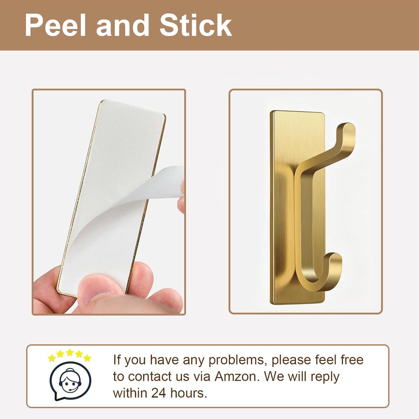 pickpiff Self Adhesive Hooks, Extra Sticky 10LB (Max), Heavy Duty Stainless, Stick On Wall and Door Hooks for Hanging, Bathroom Towel Hooks and Coat Hooks, Robe Hook Wall Mounted, Gold, 4 Pack