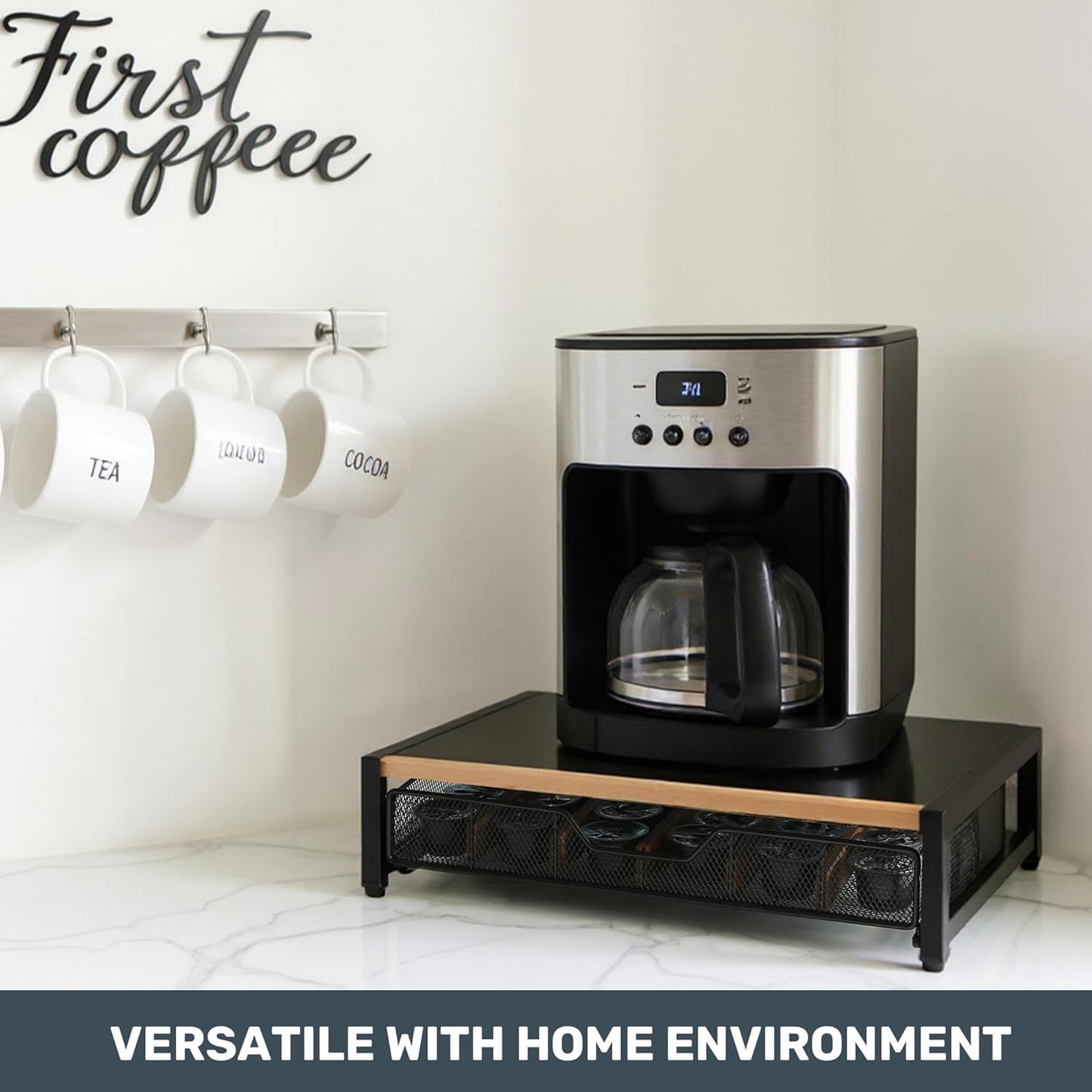 Coffee Pod Drawer,Coffee Station Organizer for Coffee Pod Storage,Movable Solid Wood Partition Board, Counter Coffee Bar Accessories for Nespresso Pods,Cream, Spoon, Sugar（Black)