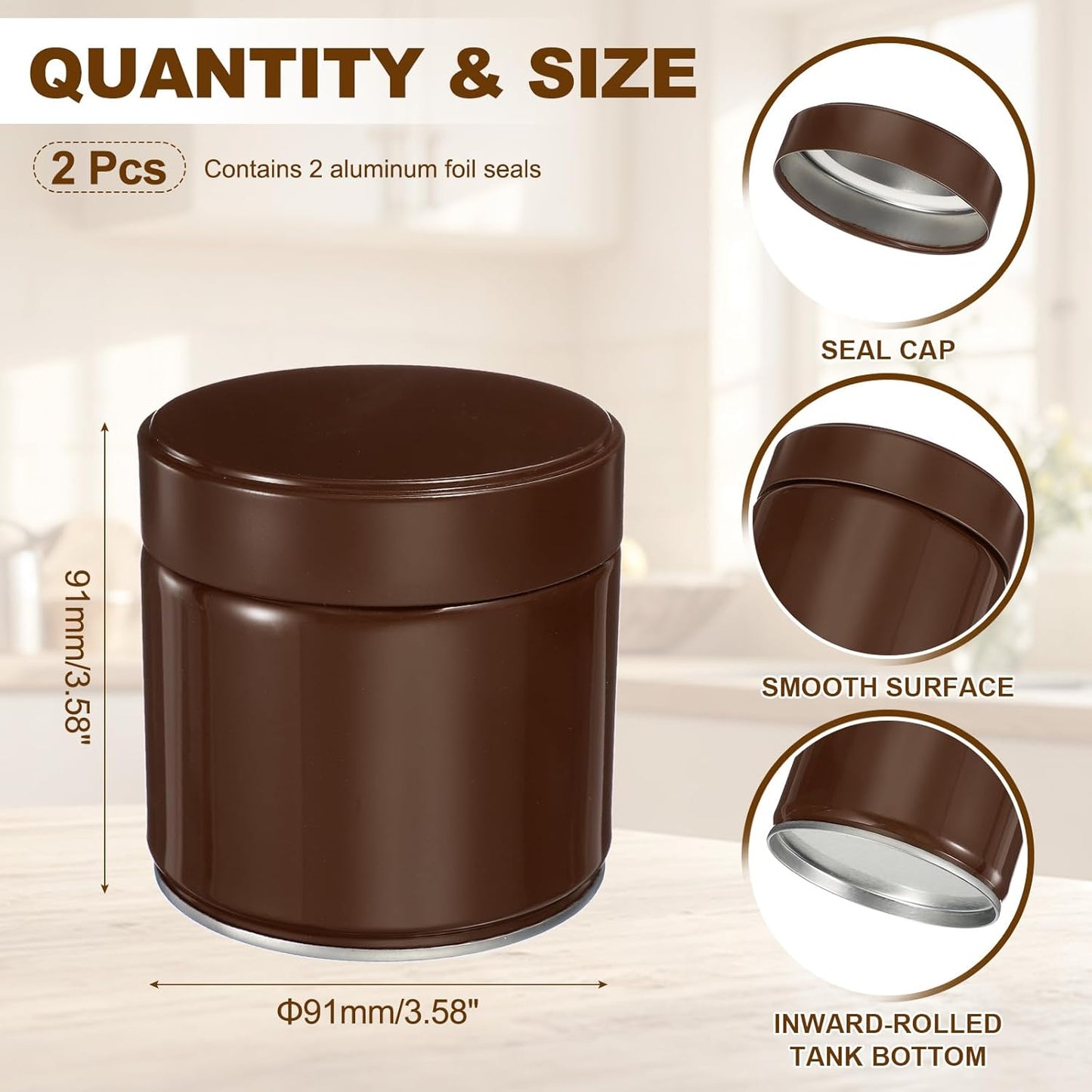 uxcell 2Pcs Round Tea Canisters, 4" x 4" Airtight Metal Tea Containers for Loose Tea, Coffee Beans, Spices - Durable, Compact, and Stylish Storage Tea Tin (Brown)