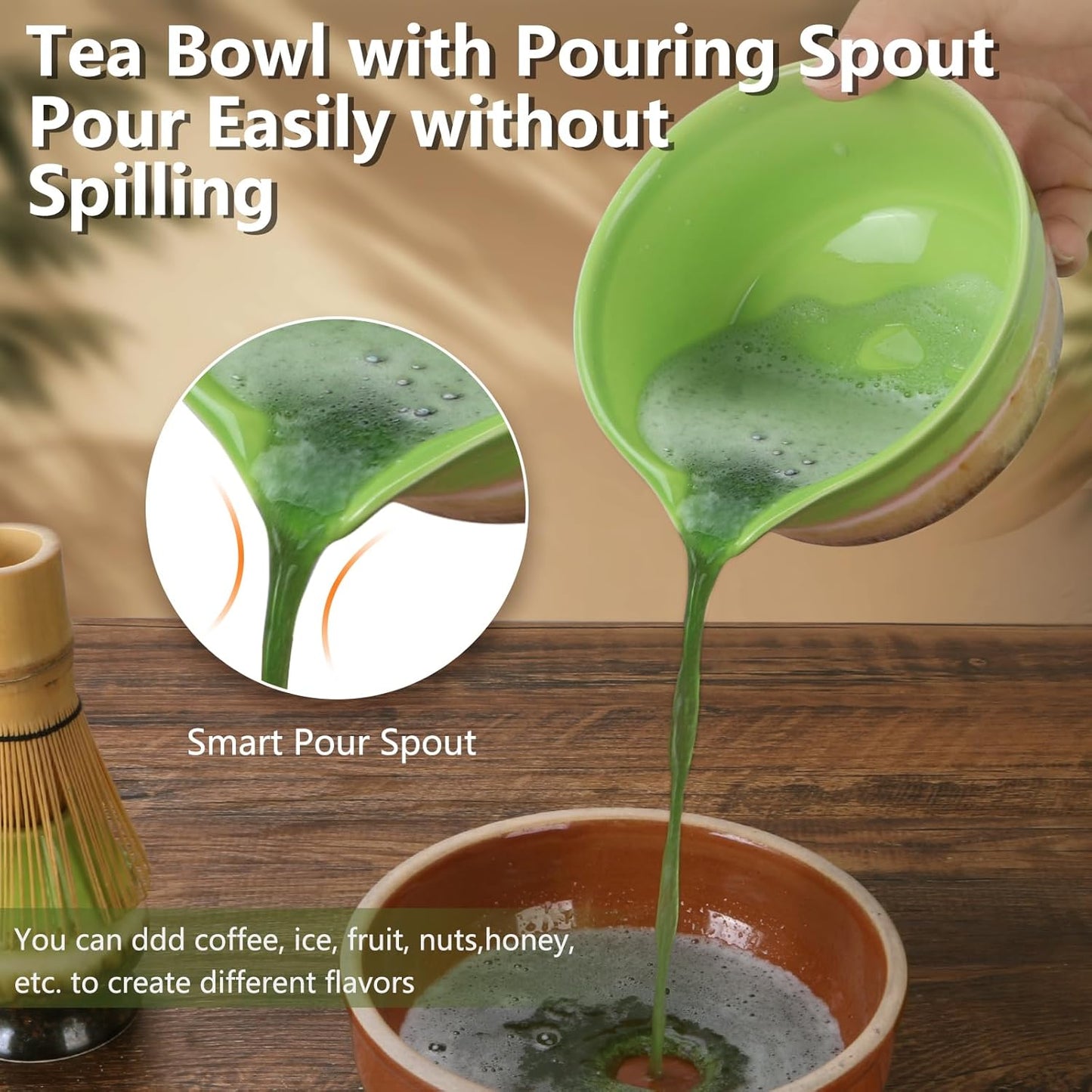 Matcha Whisk Set,Bamboo Chasen Whisk,Green Matcha Bowl with Spout, Chashaku Scoop, Sifter,Matcha Whisk and Holder – 5 PCS Matcha Kit for Matcha Lovers Making Latte Drinks,Gift for Starters Lovers