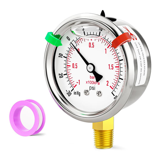 Glycerin Filled Vacuum Pressure Gauge-30-30psi Stainless Steel 1/4" NPT 2.5" Dial, for LowerMounting Designed for Pressure Testing of Water, Oil and Air (with Range Mark Pointer)