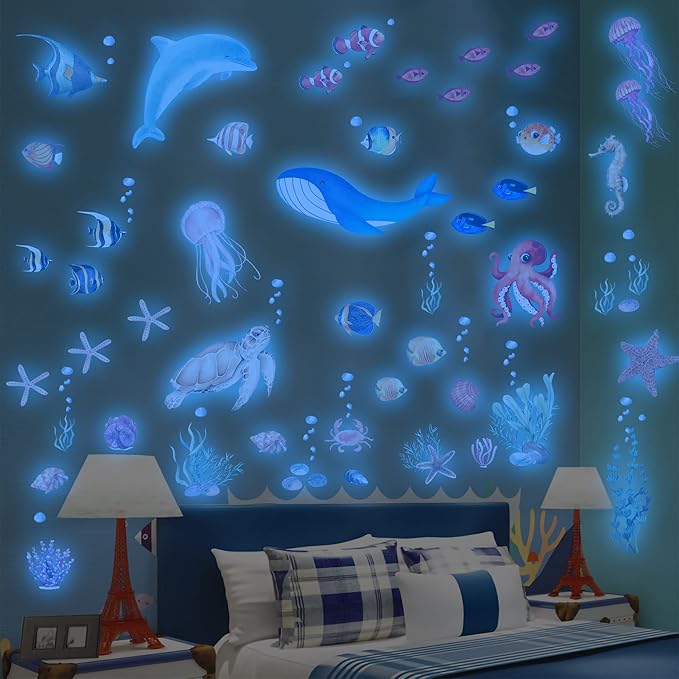 Sea Turtle Ocean Fish Wall Decals Glow in The Dark, Under The Sea Life Animals Stickers for Ceiling, Girls Boys Waterproof Decoration for Living Room Wall Bathroom Toilet