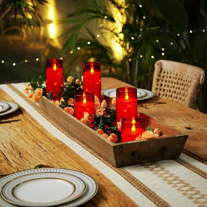 Homemory Acrylic Flameless Candles with Embedded Star String Fairy Lights, Battery Operated Candle, LED Candles, Fake Candles with Remote Control and Timer, Red, Set of 5(H4 5" 6" 8" 8")