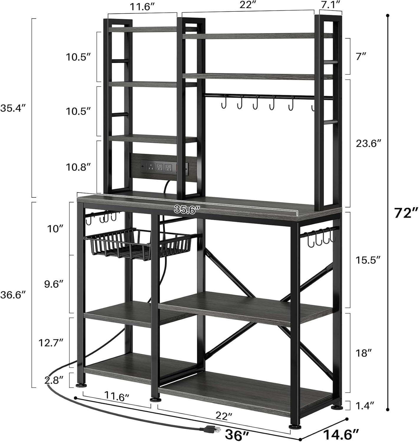 Baker Rack with Power Outlet - Microwave Stand with Storage, Large Coffee Bar Station with 14 Hooks, Metal Kitchen Shelf Rack for Spices, Pots (Rustic Grey)
