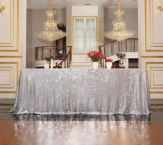 SquarePie Sequin Tablecloth 90 x 156 Inch Silver Sparkly Table Linen for Wedding Party
