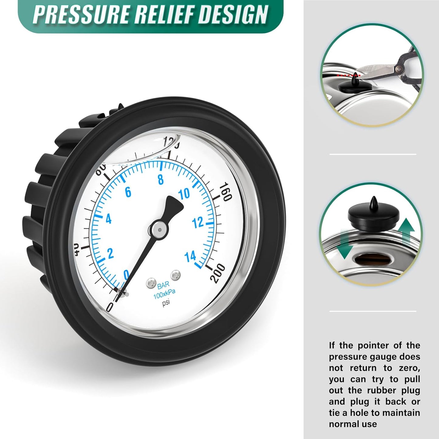 0-200PSI Stainless Steel Liquid Filled Pressure Gauge, 2.5" Dial Size, 1/4" NPT Back Mount, with Rubber Protective Sleeve, for Tube, Water Pump, Gas, Liquid, Pressure Test