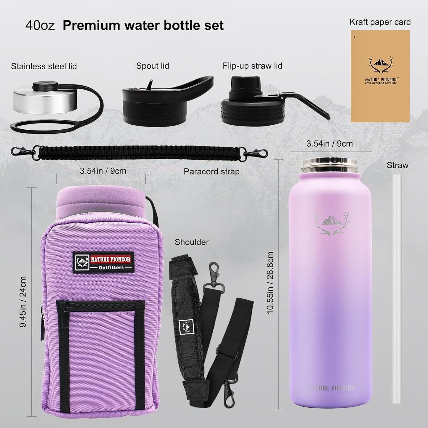 NATURE PIONEOR Insulated Water Bottles with Straw - 40oz Stainless Steel Vacuum Bottle with Holder/Carrier/Sleeve - Reusable 18/8 Food Grade 40 oz Water Jug