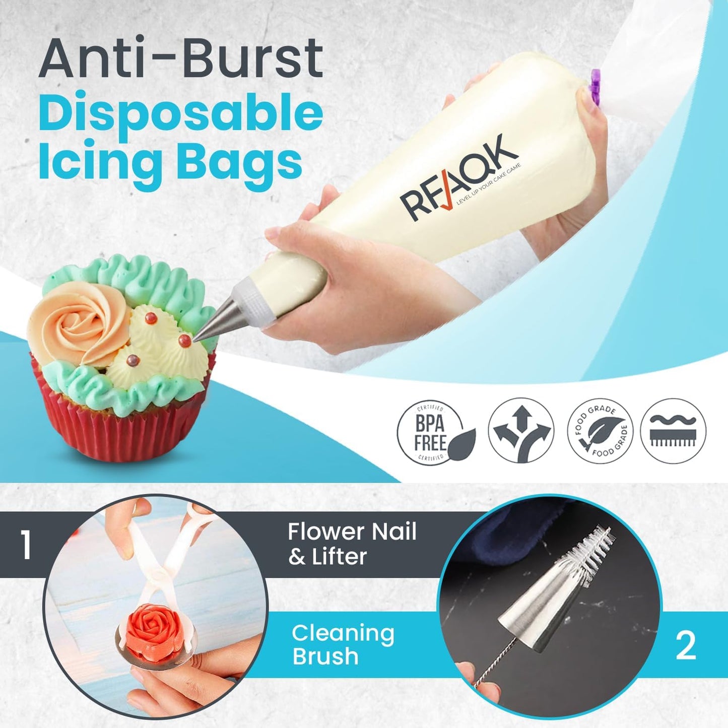 RFAQK 74 PCs Icing Piping Bags and Tips Set, Cake Decorating Kit with 48-Numbered Piping Tips, 20+1 Pastry Bags for Cookie Cupcake Cake Decoration, Cake Decorating Tips Set with Booklet and E-book