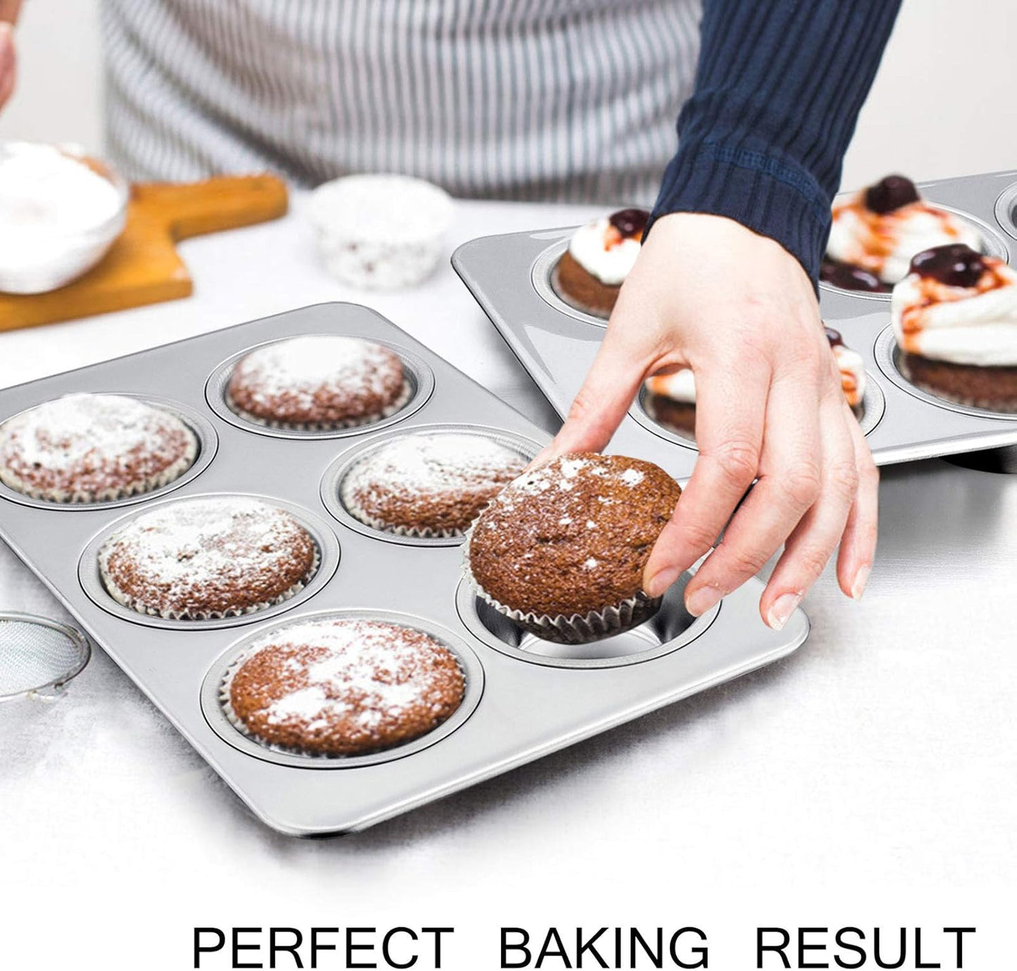 TeamFar Muffin Pan, 6 Cup Muffin Baking Tins Pans, Cupcake Pan Tray Set Stainless Steel for Baking Cakes Cornbread Tarts and More, Healthy & Non Toxic, Oven & Dishwasher Safe - Set of 3