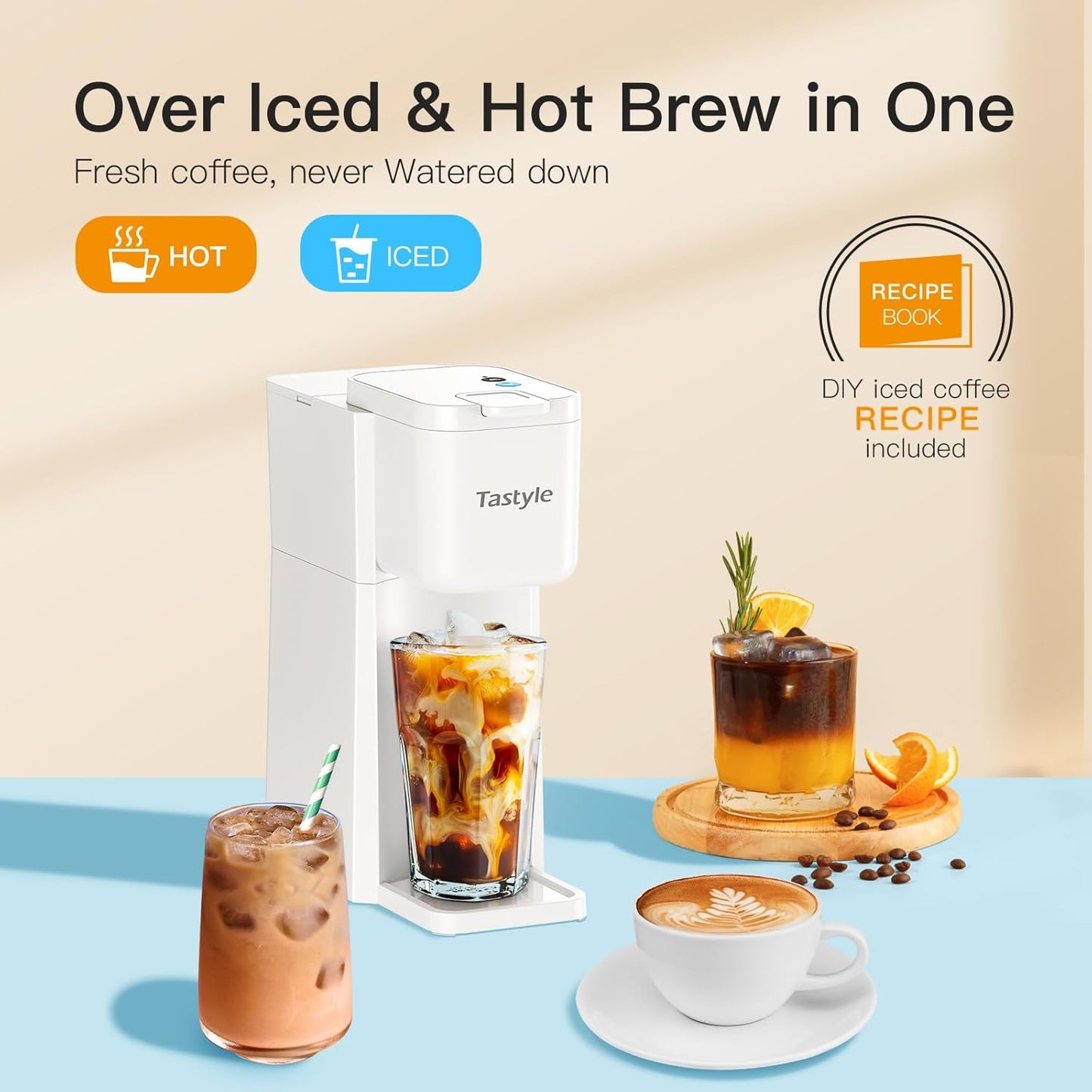 Mini Hot and Iced Coffee Maker Single Serve, for K Cup and Ground, 6 to 14 Oz Brew Sizes, with Recipe Book, for Home, Travel, RV, Office and Dorm, Pearl White