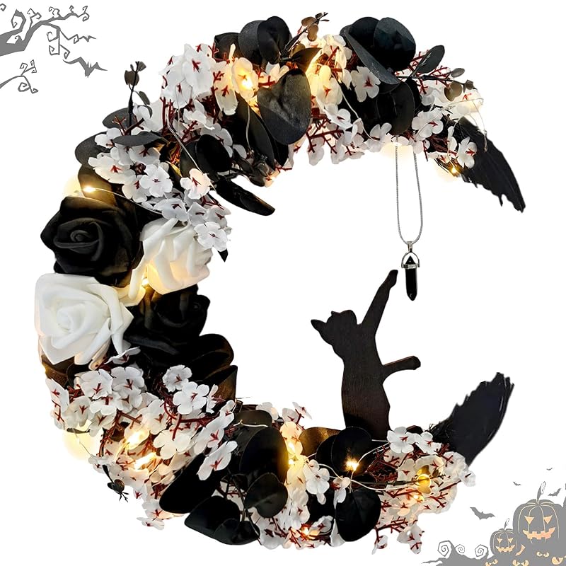 Halloween Wreaths for Front Door with Light, Black Cat Crescent Moon Wreath, Cute Cat Garland Halloween Door Decorations for Outdoor Indoor Decor Wall Window Home Party