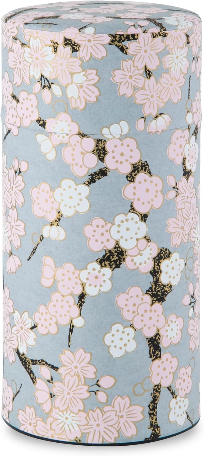 Japanese Tea Canister Tin ( Yuzen Washi Paper - Plum and Sakura / Gray ), 7.06oz Size / Made in JAPAN with Includes Inner Lid of Airtight Damp-Proof / Kitchen Jar for Loose Leaf Coffee Tea Spice and