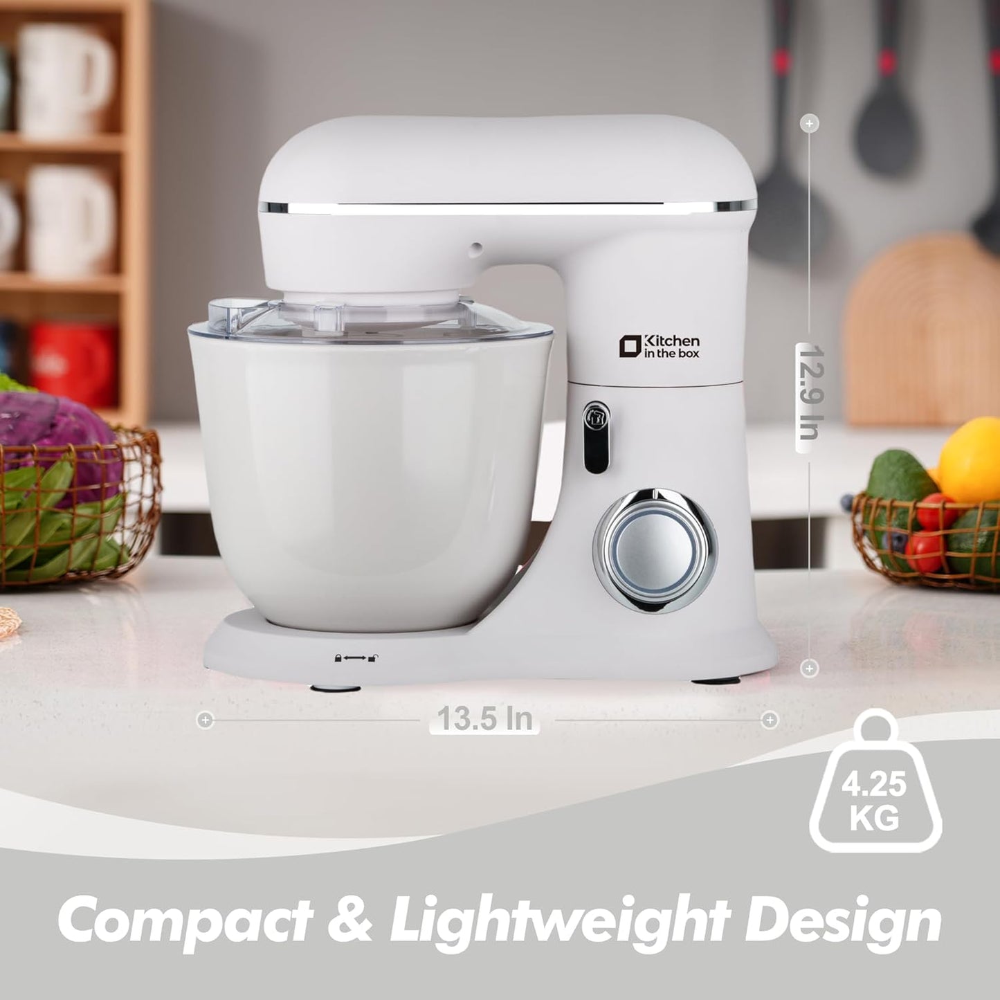 Kitchen in the box Stand Mixer, 5QT+4.5QT Two bowls Electric Food Mixer, 10 Speeds 3-IN-1 Kitchen Mixer for Daily Use with Egg Whisk,Dough Hook,Flat Beater (Frost White, 5QT)
