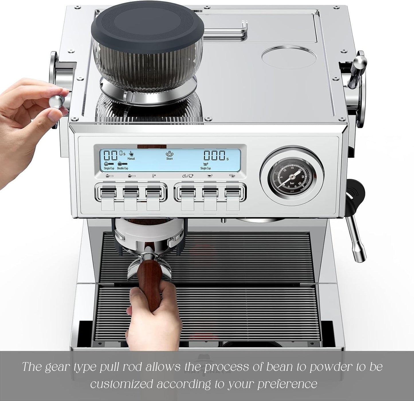 Espresso Machine with Grinder, 58mm Dual-Boiler Semi-Commercia Coffee Maker 20 Bar Professional with Milk Frother Steam Wand for Cappuccino, Barista LCD Display for Home, Stainless Steel